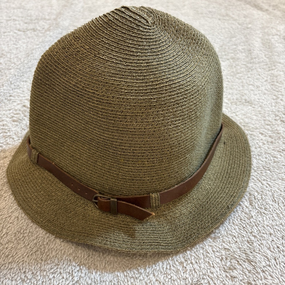 GREVI Hemp Cloche Hat Green W/ Brown Leather Trim Made‎ In Italy Packable Rare
